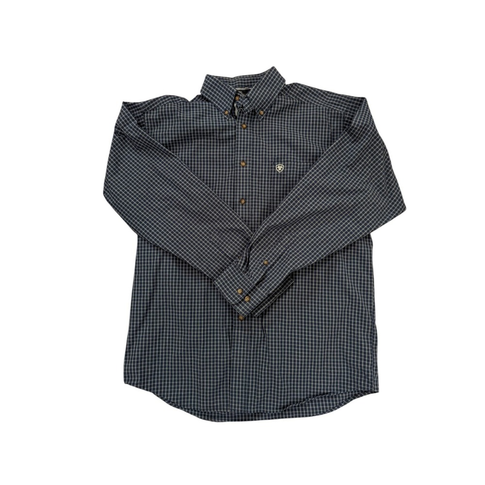 Ariat Mens Pro Series Navy White Plaid Long Sleeve‎ Button Up Shirt M